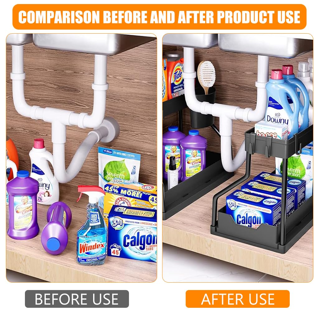 HASTHIP Double Layer Kitchen Organizer with Sliding Drawer Rack, Removable Cutlery Holder, Utility Hooks, and Seasoning Jar Storage, Space-Saving Under Sink Organizer for Small Kitchens (Black) HASTHIP Double Layer Kitchen Organizer with Sliding Drawer Rack, Removable Cutlery Holder, Utility Hooks, and Seasoning Jar Storage, Space-Saving Under Sink Organizer for Small Kitchens (Black)